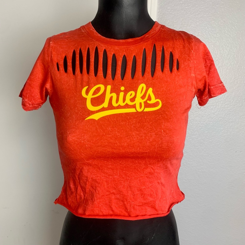 Womens Red Kansas City Chiefs football Acid Wash/ Hand cut-out Crop top
